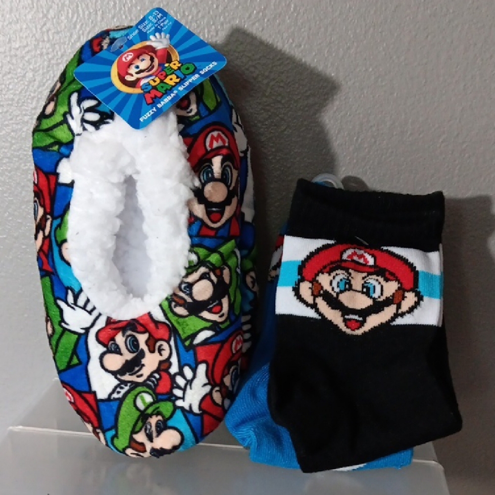 Nintendo Kids Mario Slippers and Socks - Blue, Red, Green